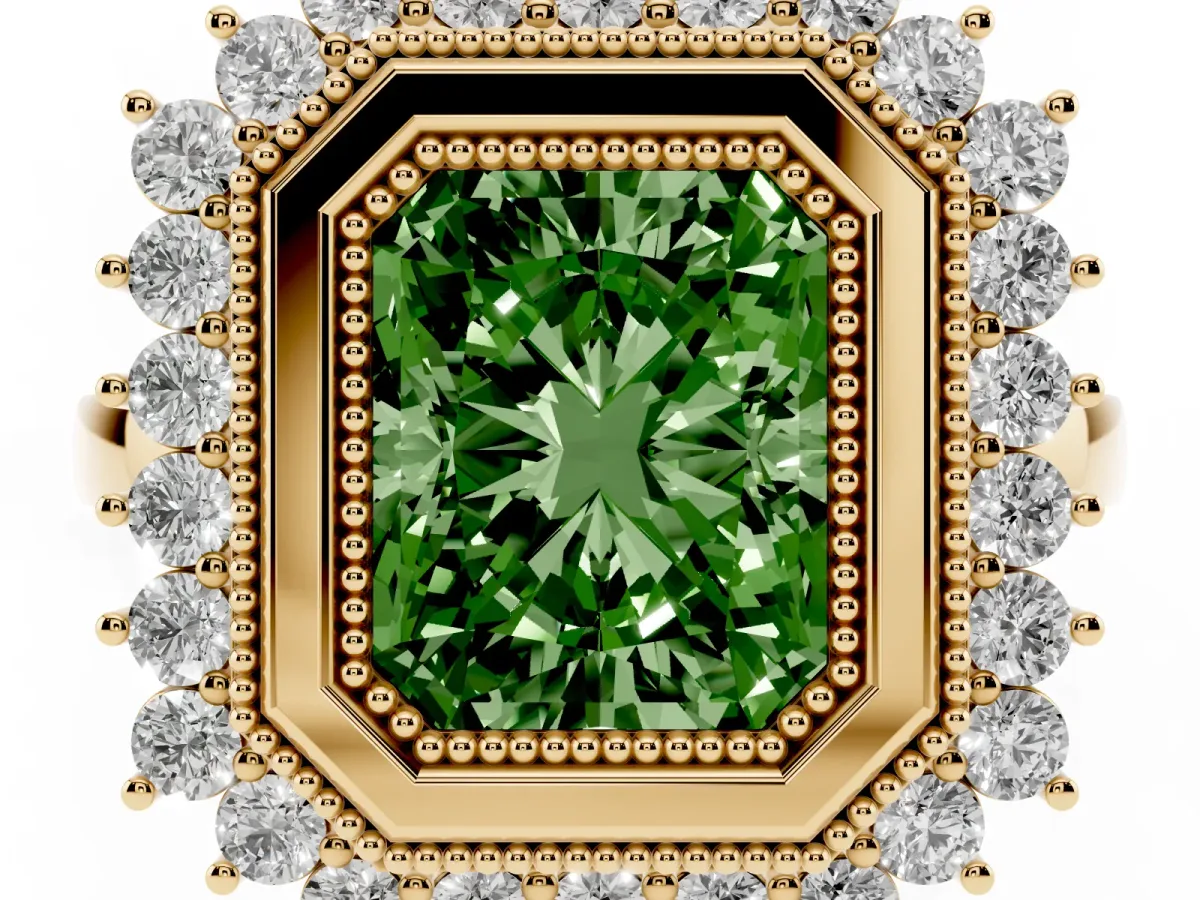 Fancy Green Radiant Cut Halo Diamond Ring with Milgrain Edge and Round Prong Setting Yellow gold