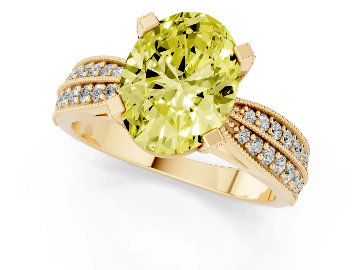 Fancy Yellow Oval Cut Diamond Solitaire Ring with Milgrain Round Pavé Band and Prong Setting Yellow gold