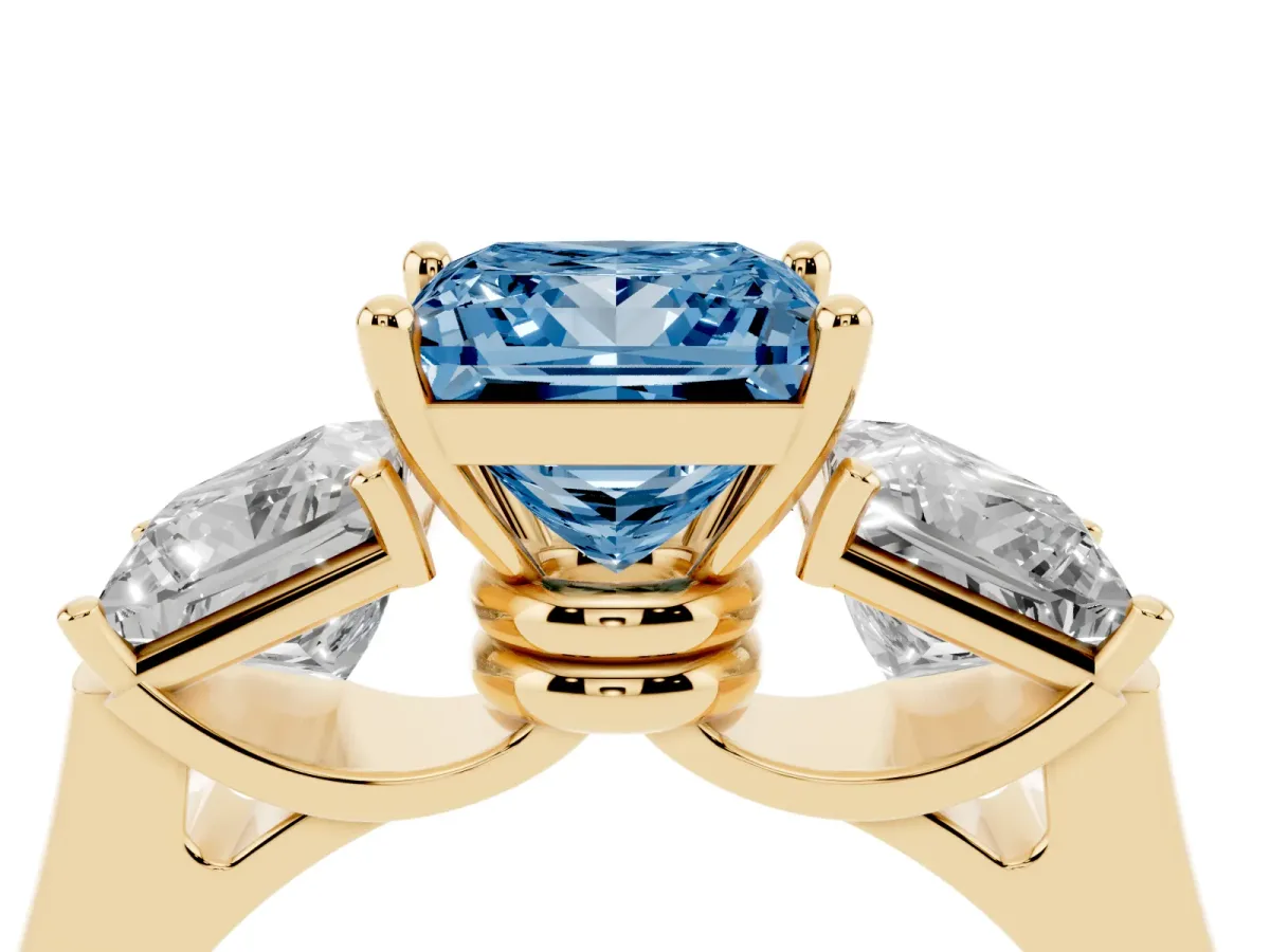 Fancy Blue Three-Stone Princess Cut Brilliant Diamond Trellis Ring with Comfort Fit Band Yellow gold