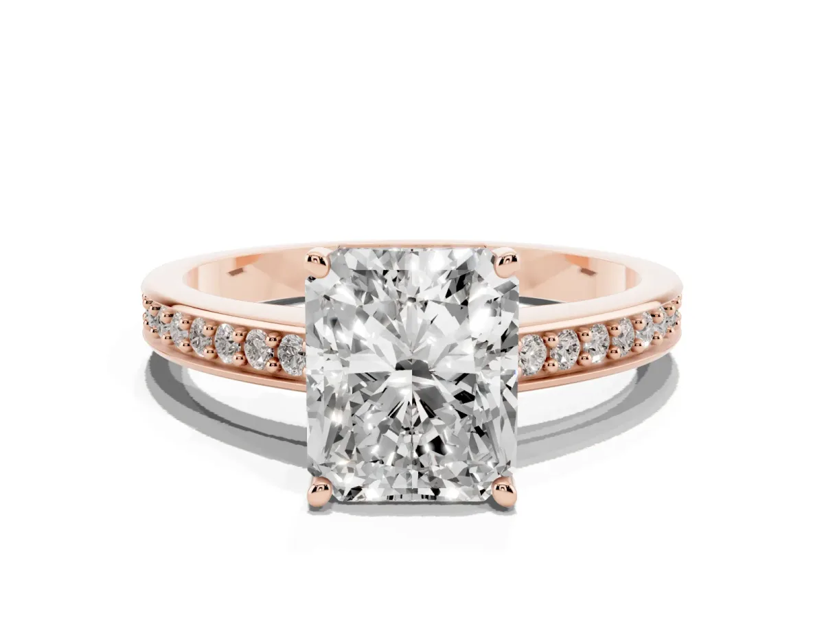 Radiant Cut Solitaire Pavé Band Prong Setting Ring Rose gold