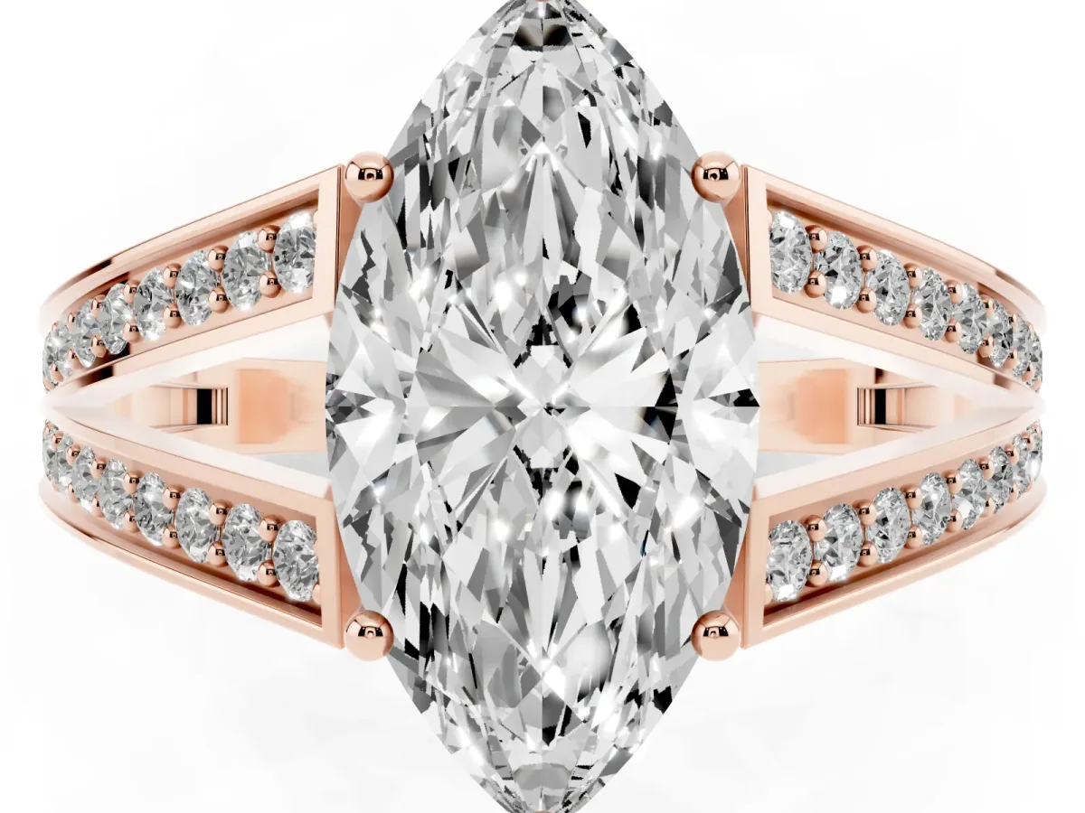 Marquise Cut Diamond Split Shank Ring with Pavé Band and Four-Prong Setting Rose gold