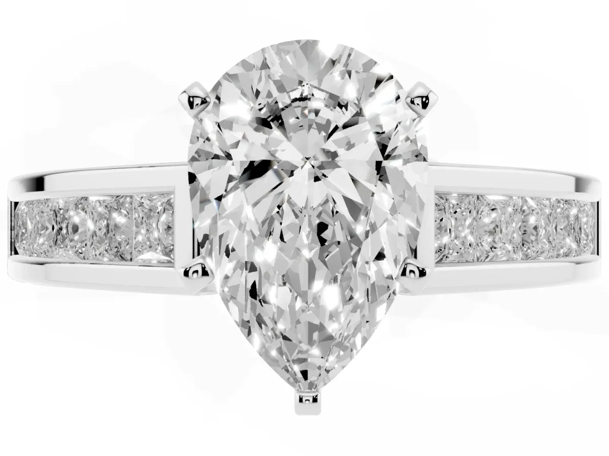 Pear Cut Solitaire Diamond Ring with Channel-Set Band and Four-Prong Setting Silver