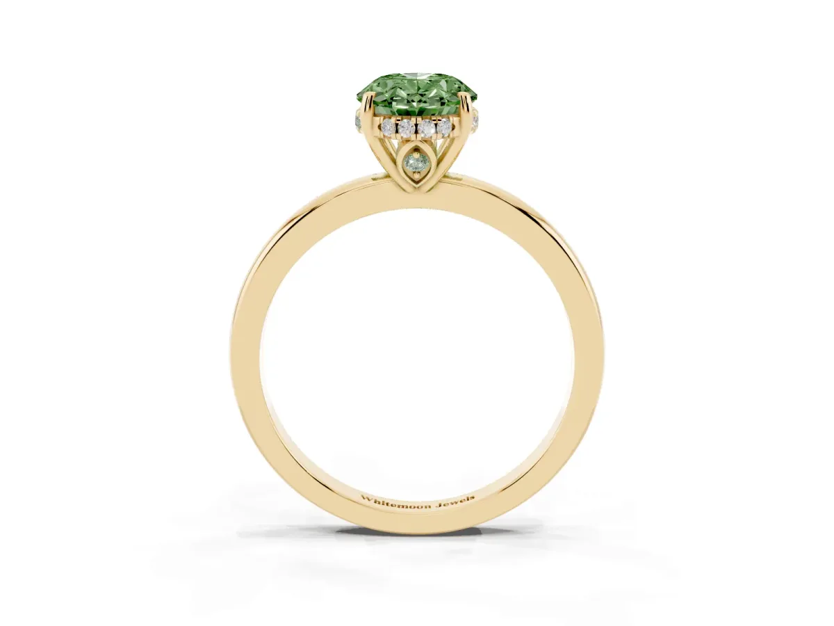 Fancy Green Oval Cut Solitaire Diamond Ring with Prong Setting and Plain Band Yellow gold