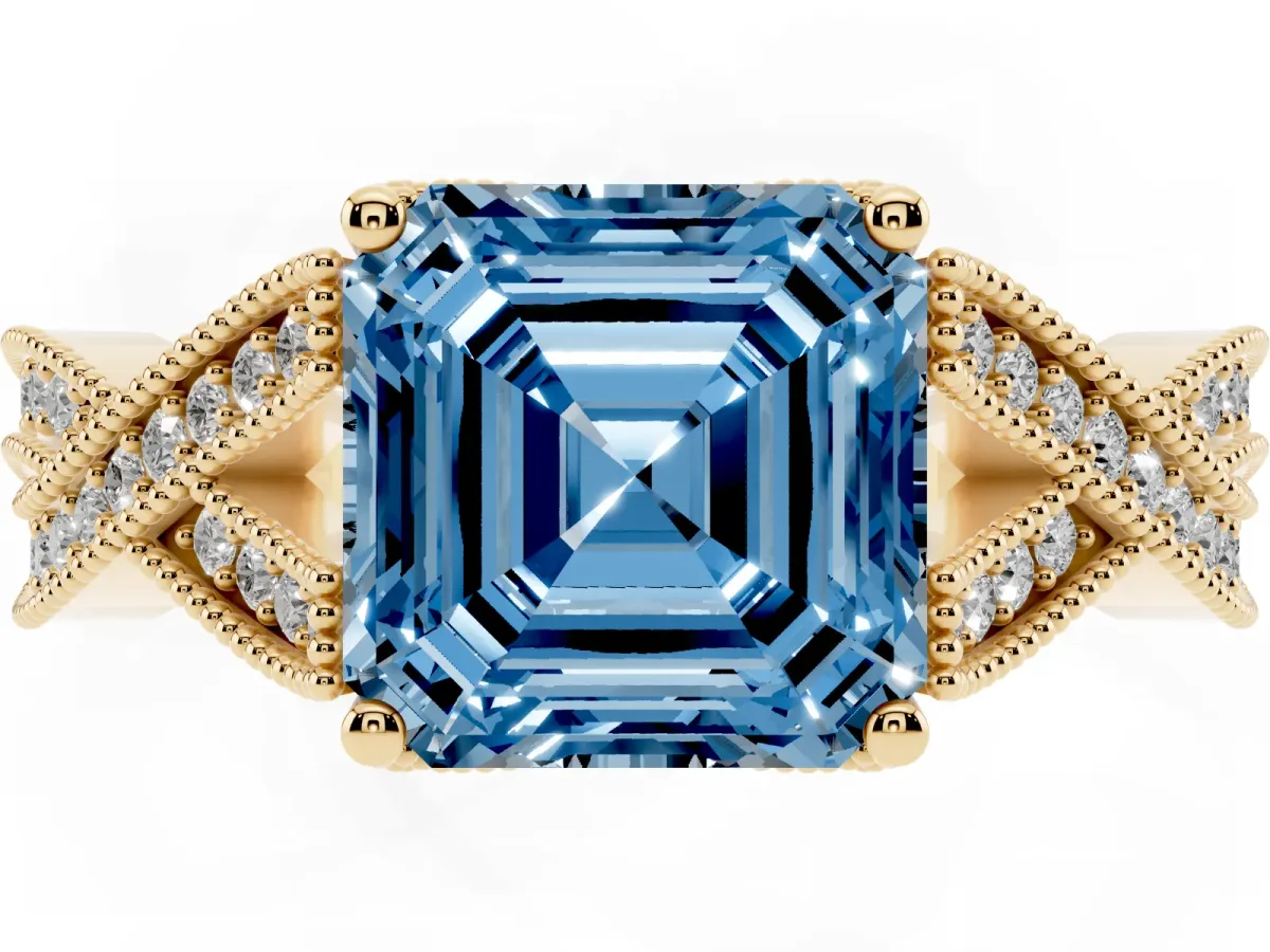 Fancy Blue Asscher Cut Cut Diamond Twisted Band with Milgrain Pave Setting and Four-Prong Setting Yellow gold