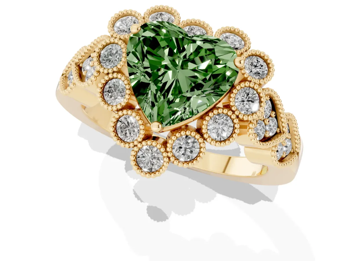 Fancy Green Heart Cut Brilliant Milgrain Pave Heart Band Solitaire Ring Yellow gold