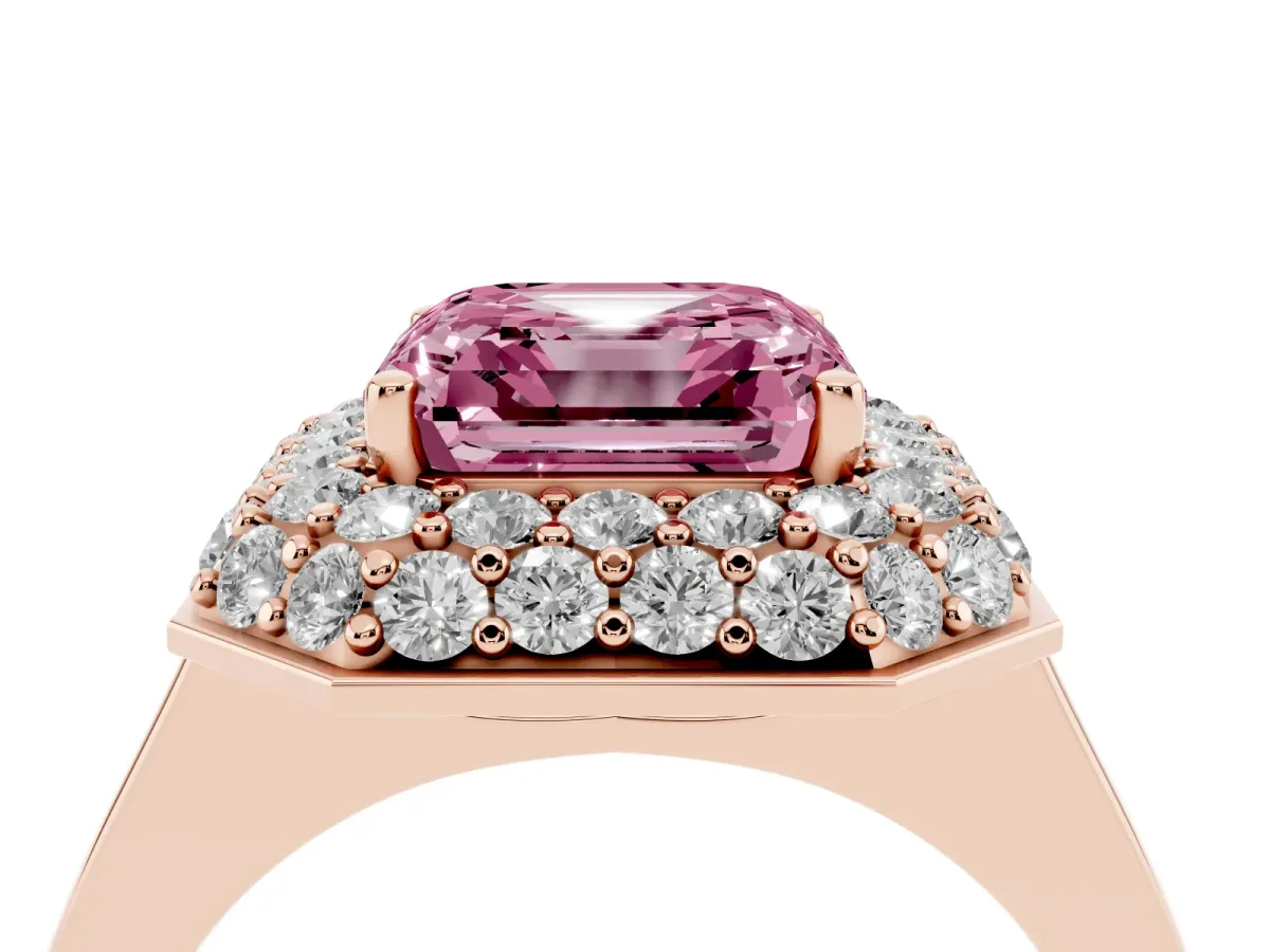 Fancy Pink Asscher Cut Halo Diamond Engagement Ring with Solitaire Band and Four-Prong Setting Rose gold