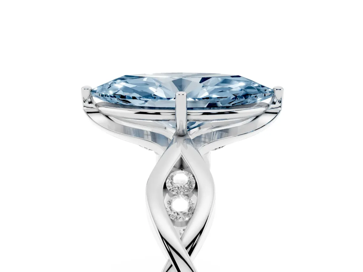 Fancy Blue Marquise Cut Solitaire Twist Band with Leaf Prong Setting Silver