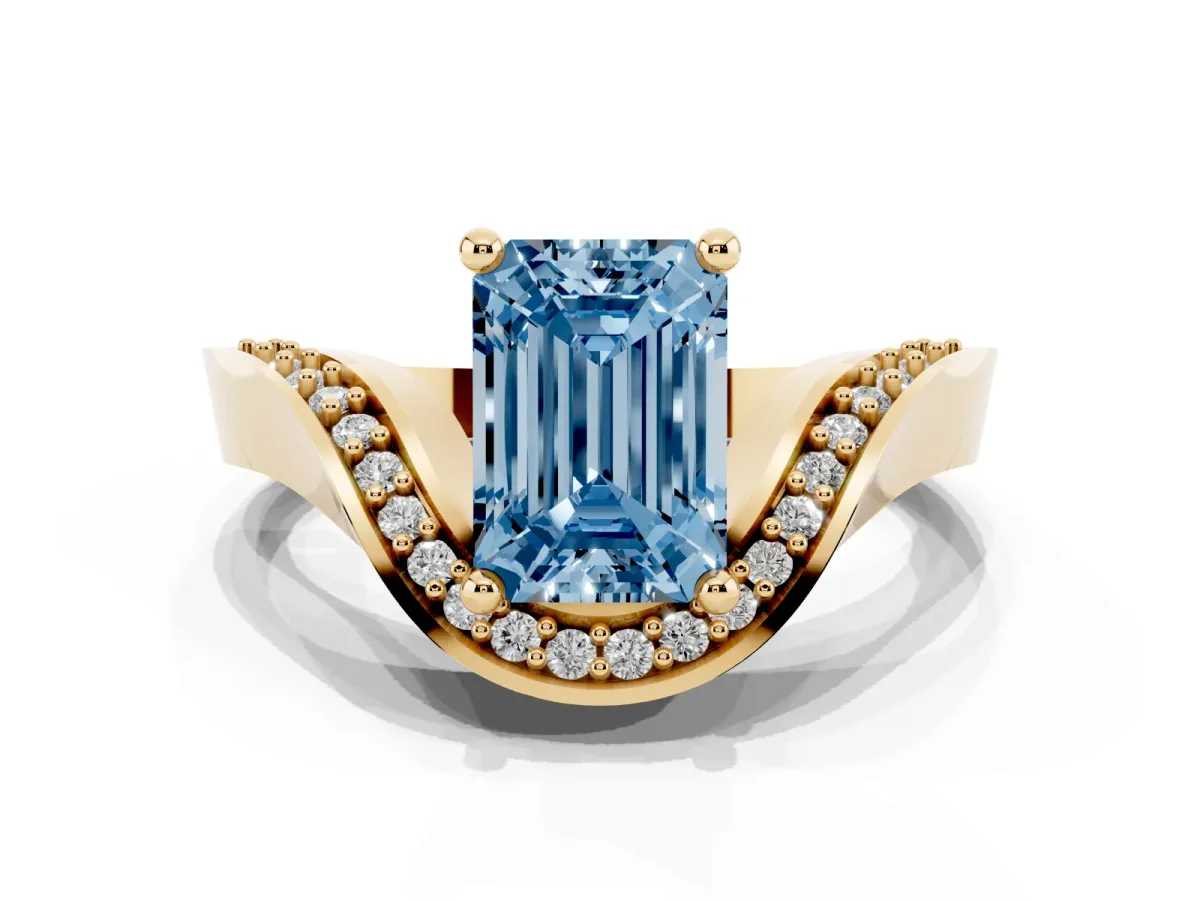 Fancy Blue Emerald Cut Solitaire Diamond Engagement Ring with Pave Band and Four-Prong Setting Yellow gold