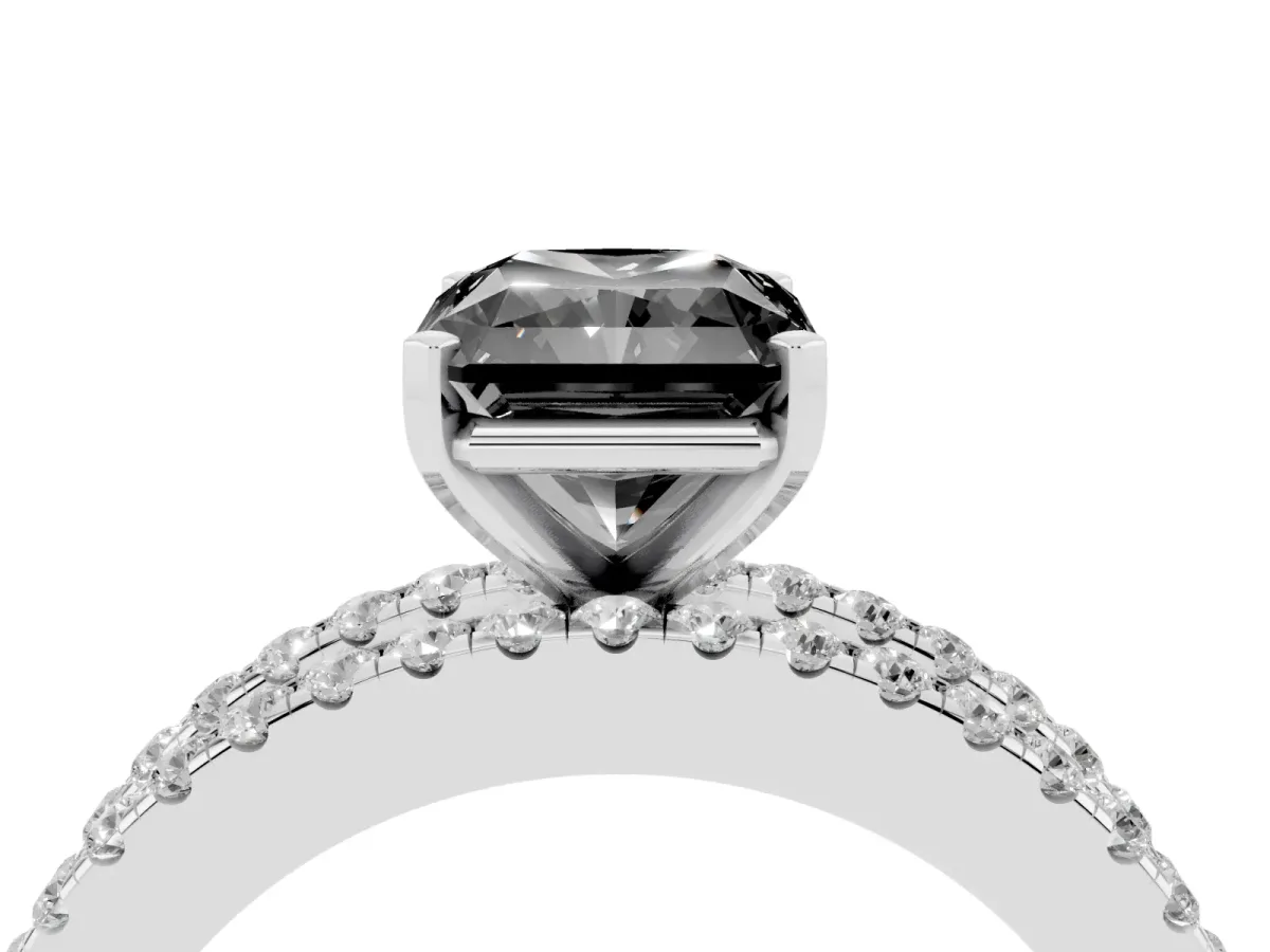 Fancy Black Radiant Cut Diamond Solitaire Ring with Pavé and Channel Set Band Silver