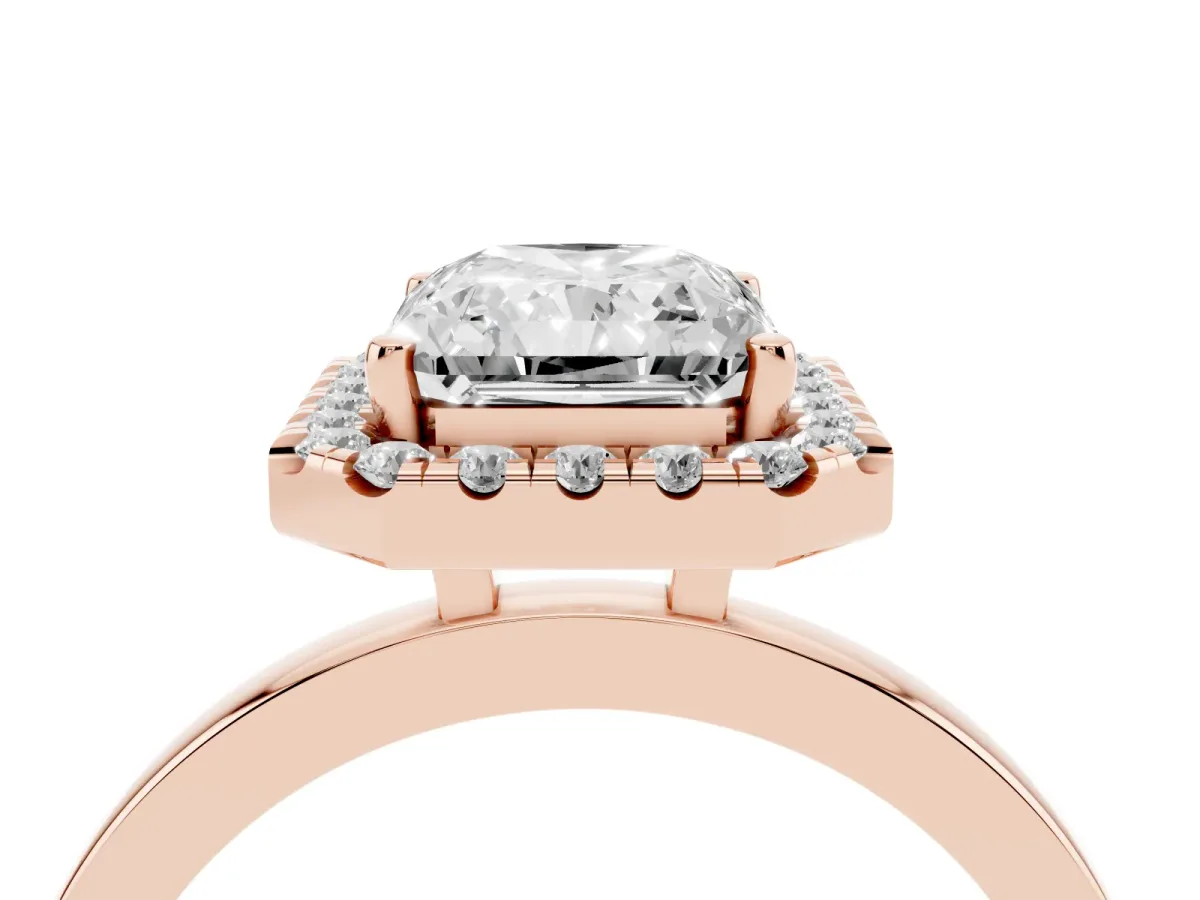 Radiant Cut Halo Diamond Solitaire with Pavé Band and Four-Prong Setting Rose gold