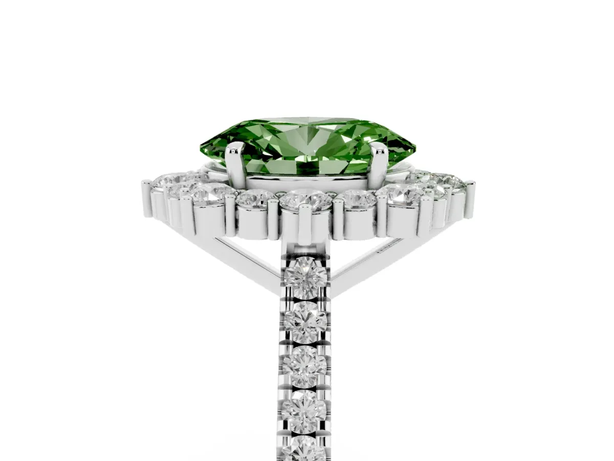 Fancy Green Oval Cut Halo Diamond Ring with Pavé Band and Prong Setting Silver