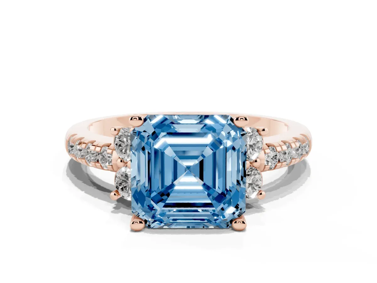 Fancy Blue Asscher Cut Diamond Three-Stone Pave Band with Four-Prong Setting Rose gold