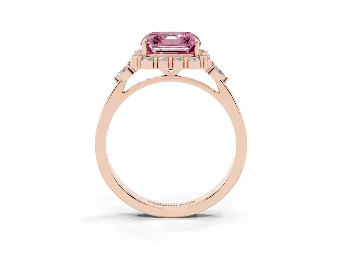 Fancy Pink Asscher Cut Diamond Halo Ring with Pear Side Stones and Prong Setting Rose gold