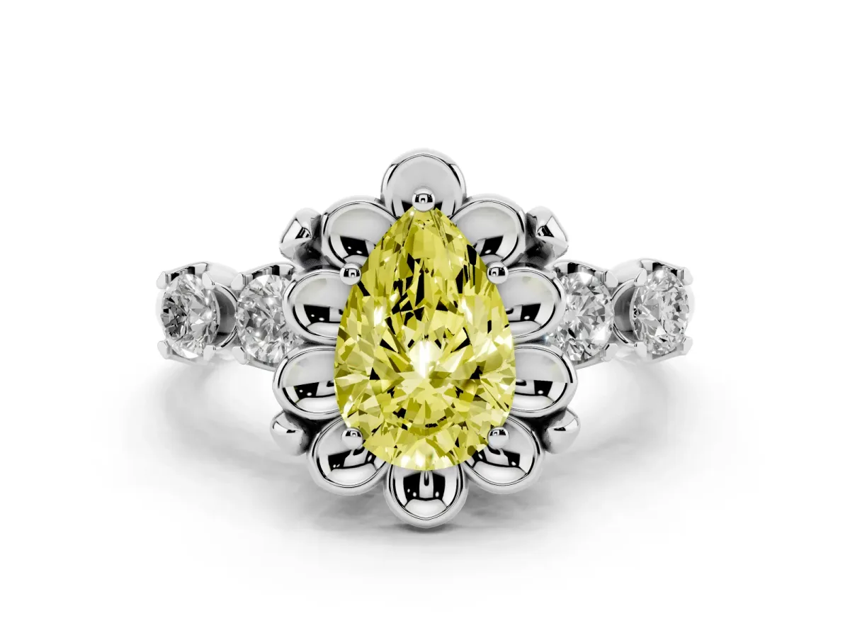 Fancy Yellow Pear Cut Cut Diamond Floral Halo Engagement Ring with Shared Prong Setting Silver
