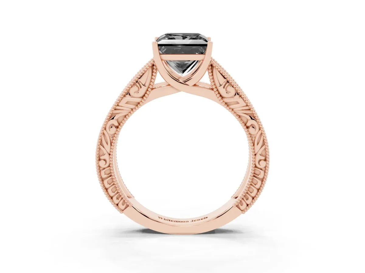 Fancy Black Princess Cut Diamond Solitaire Ring with Engraved Band and Four-Prong Setting Rose gold