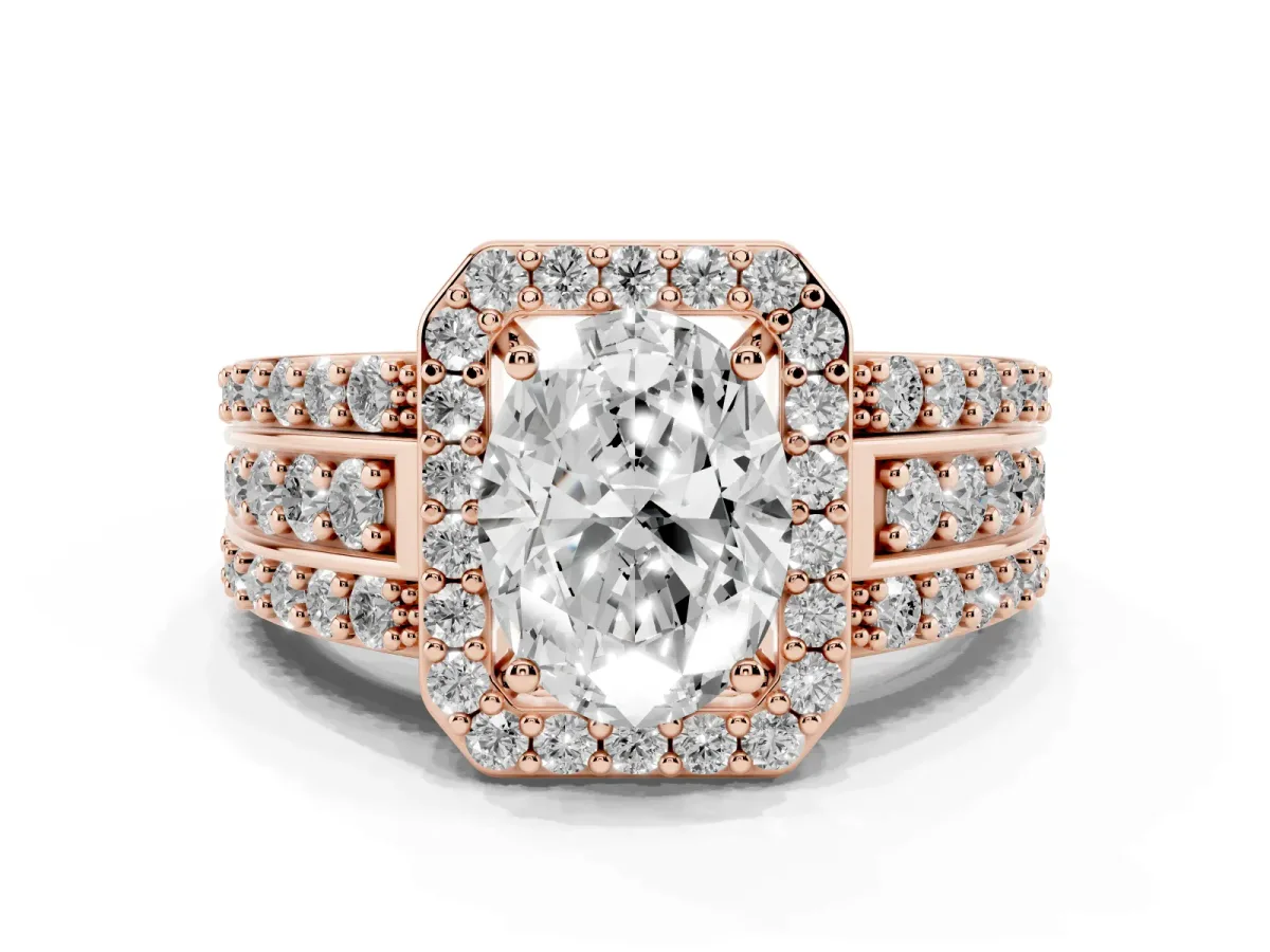 Oval Cut Halo Diamond Ring with Round Split Shank and Prong Setting Rose gold
