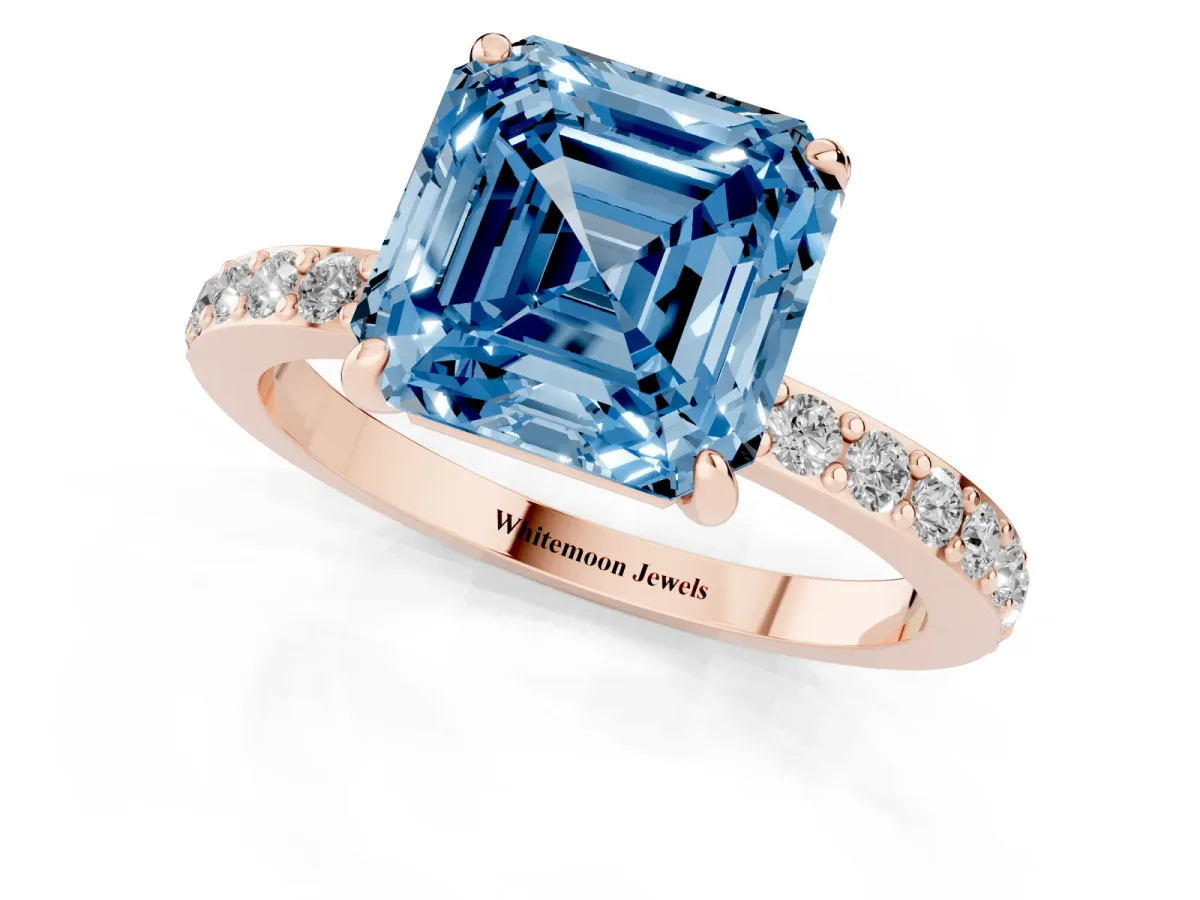 Fancy Blue Asscher Cut Diamond Pavé Engagement Ring with Round Accents and Prong Setting Rose gold