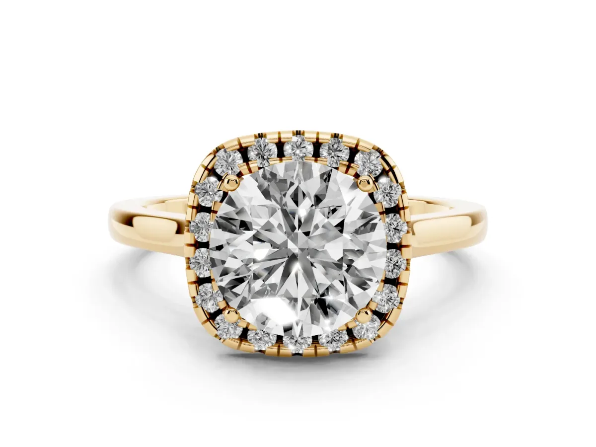 Round Cut Halo Round Diamond Solitaire Ring with Pavé Band and Four-Prong Setting Yellow gold