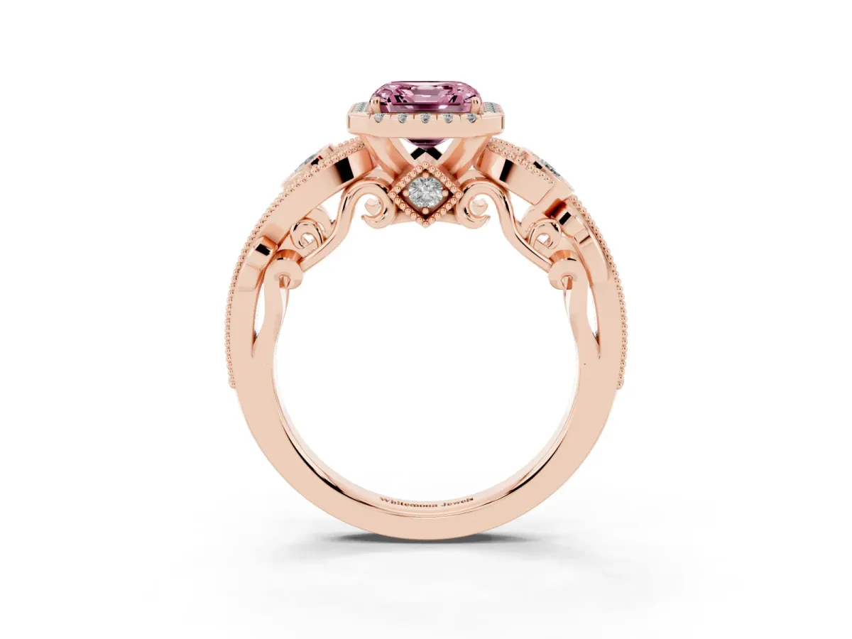 Fancy Pink Asscher Cut Diamond Halo Ring with Milgrain Pavé Band and Four-Prong Setting Rose gold