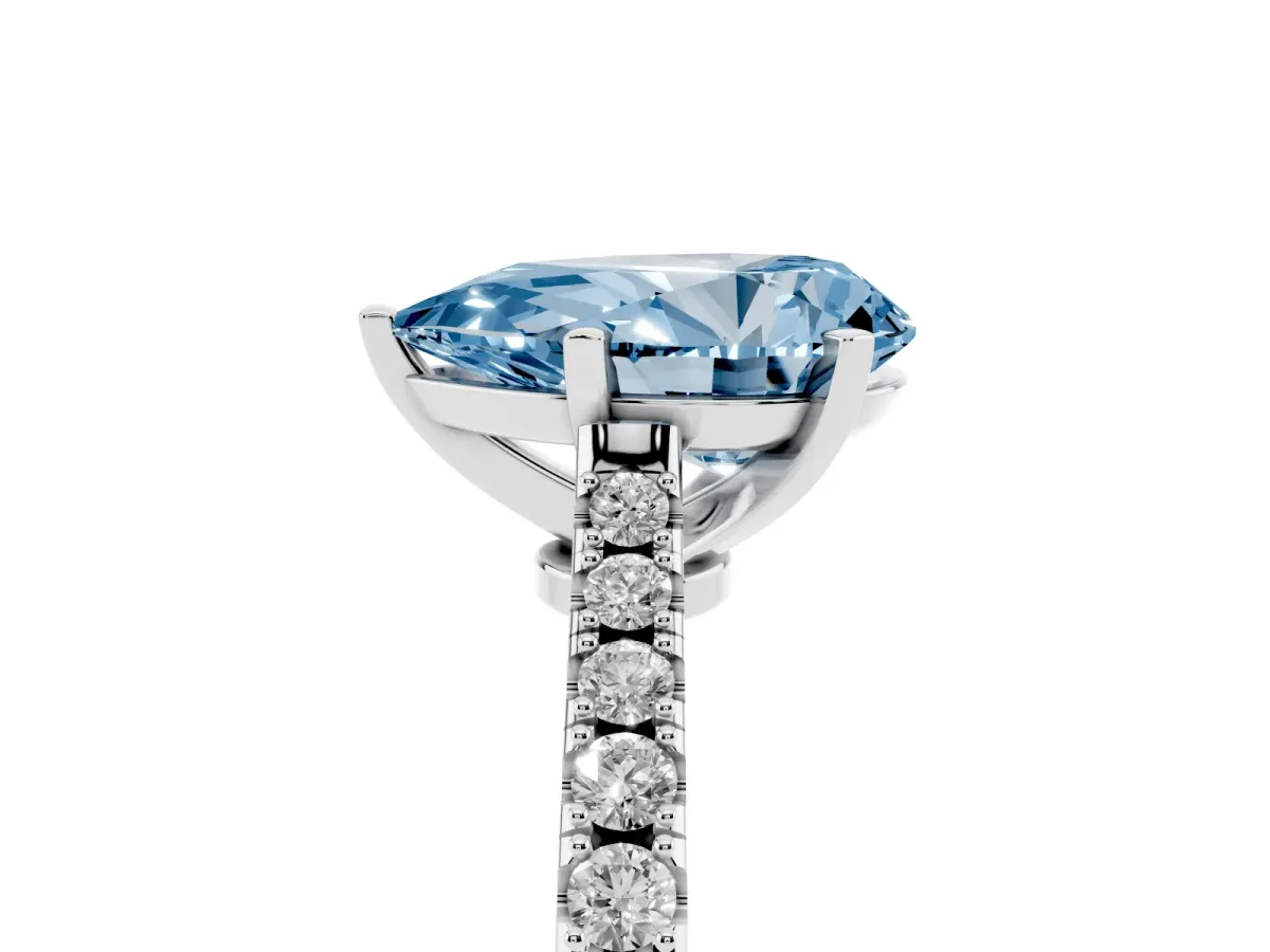 Fancy Blue Pear Cut Cut Solitaire Diamond Engagement Ring with Pave Band and Four-Prong Setting Silver