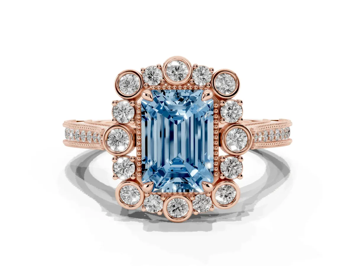 Fancy Blue Emerald Cut Halo Milgrain Pave Diamond Ring with Four-Prong Setting Rose gold