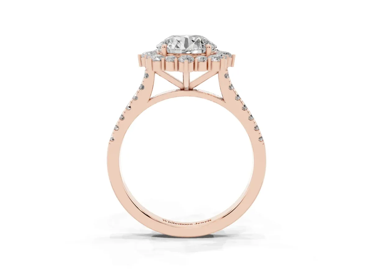Round Cut Halo Diamond Ring with Pavé Band and Prong Setting Rose gold