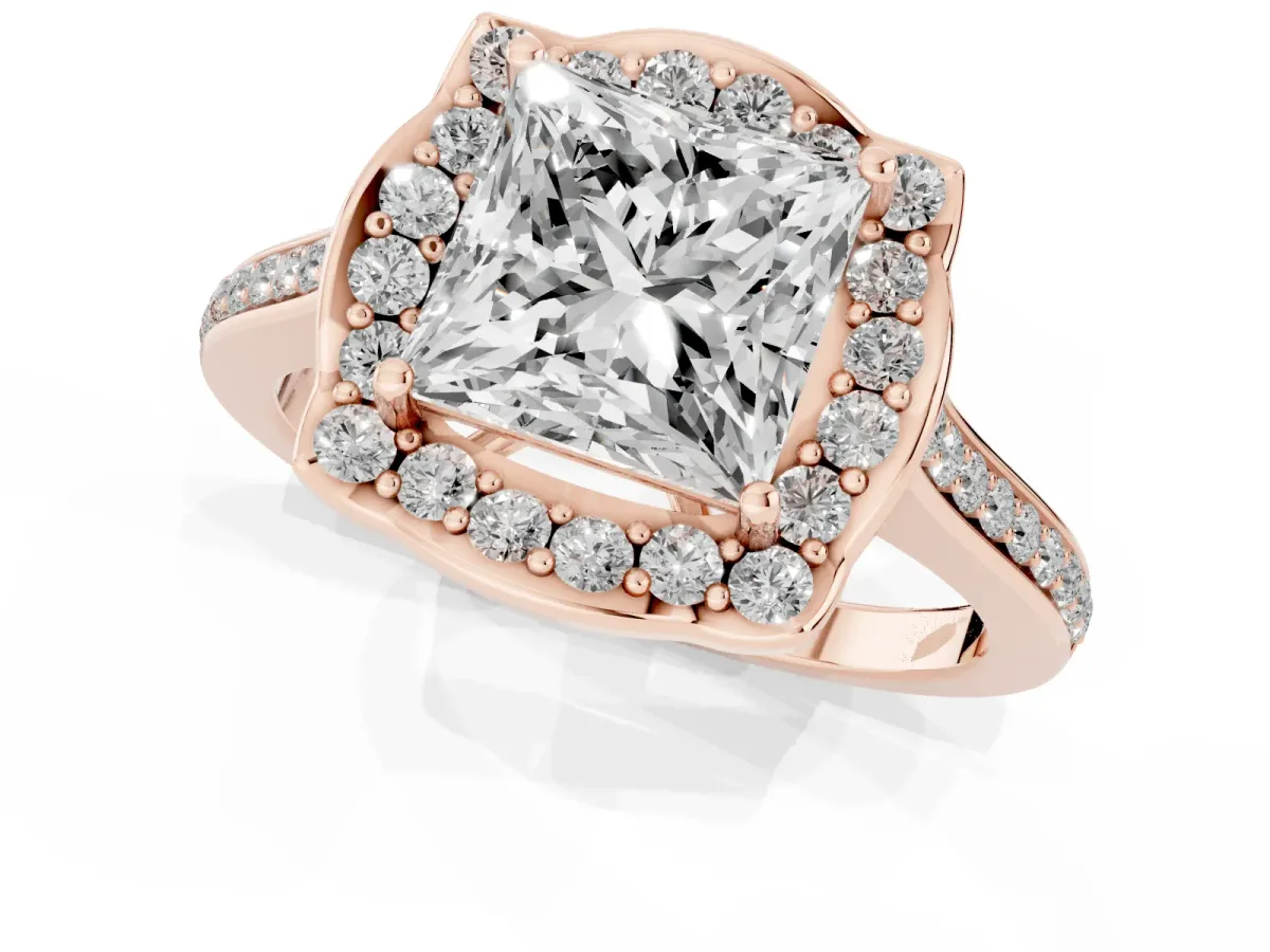 Princess Cut Halo Round Diamond Pave Band with Four-Prong Setting Rose gold