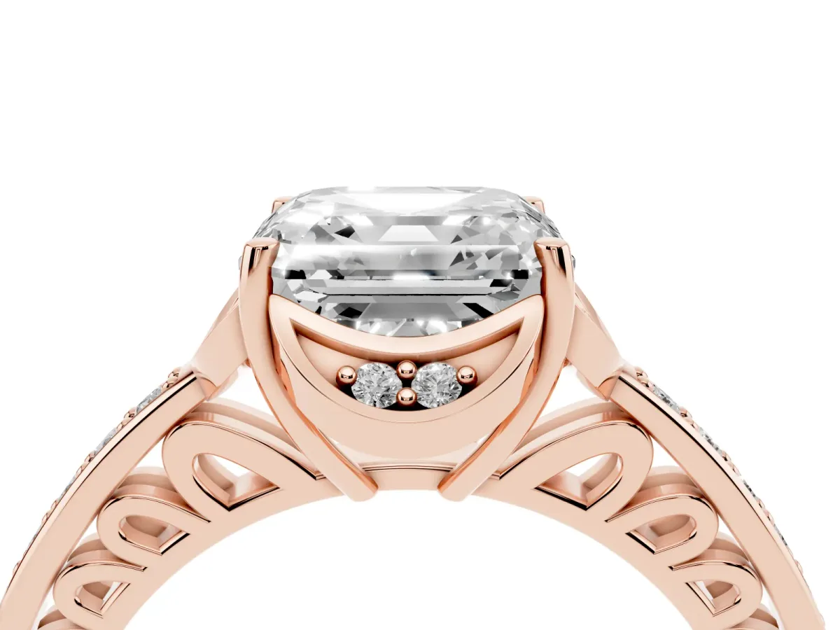 Asscher Cut Cut Halo Diamond Ring with Channel Set Band and Four-Prong Setting Rose gold