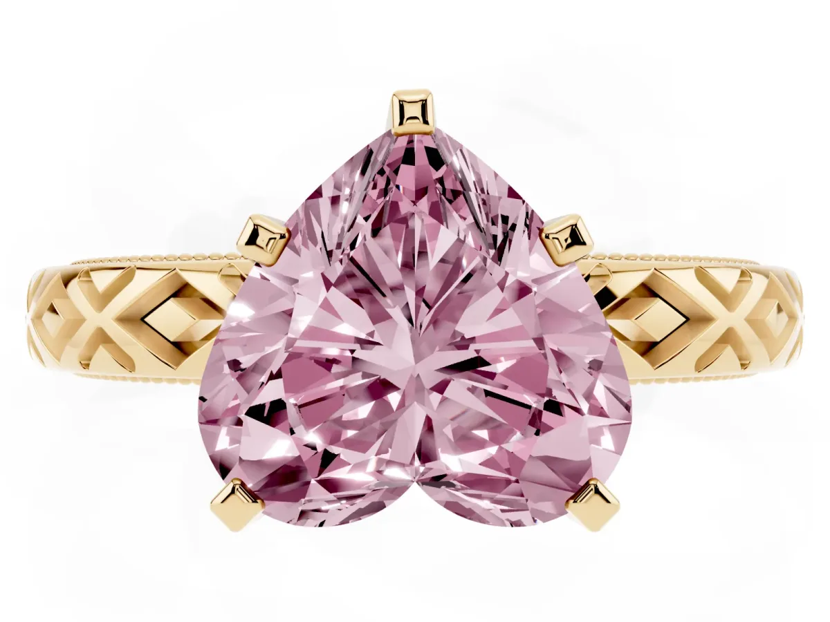 Fancy Pink Heart Cut Solitaire Diamond Ring with Milgrain and Black Enamel X Pattern Band Yellow gold