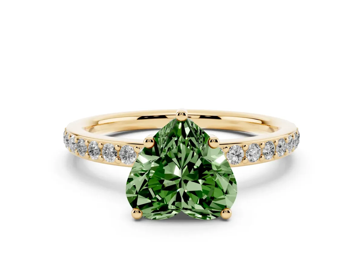Fancy Green Heart Cut Cut Diamond Pavé Band Ring with Four-Prong Setting Yellow gold