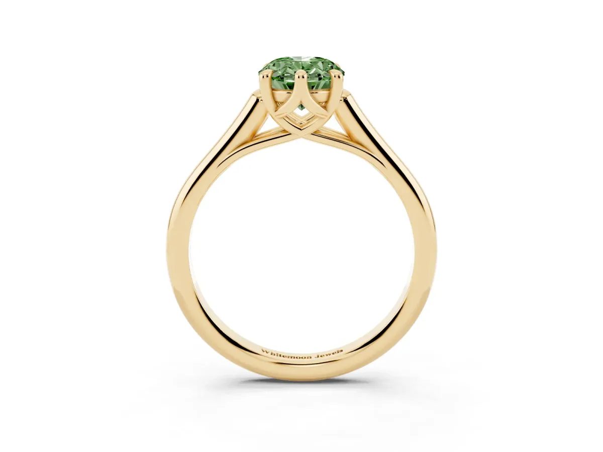 Fancy Green Oval Cut Solitaire Engagement Ring with Six-Prong Setting and Classic Band Yellow gold