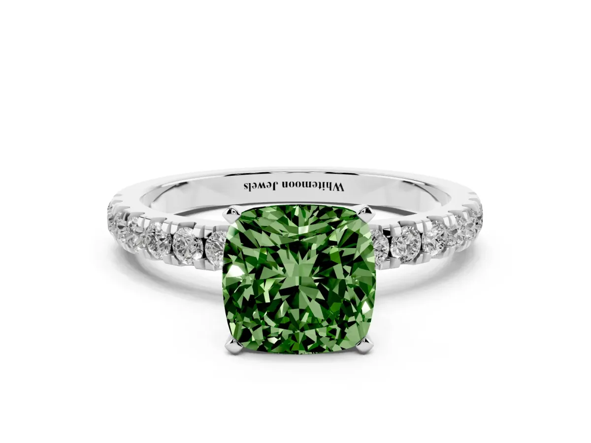 Fancy Green Cushion Cut Diamond Solitaire Ring with Pavé Accents and Four-Prong Setting White gold