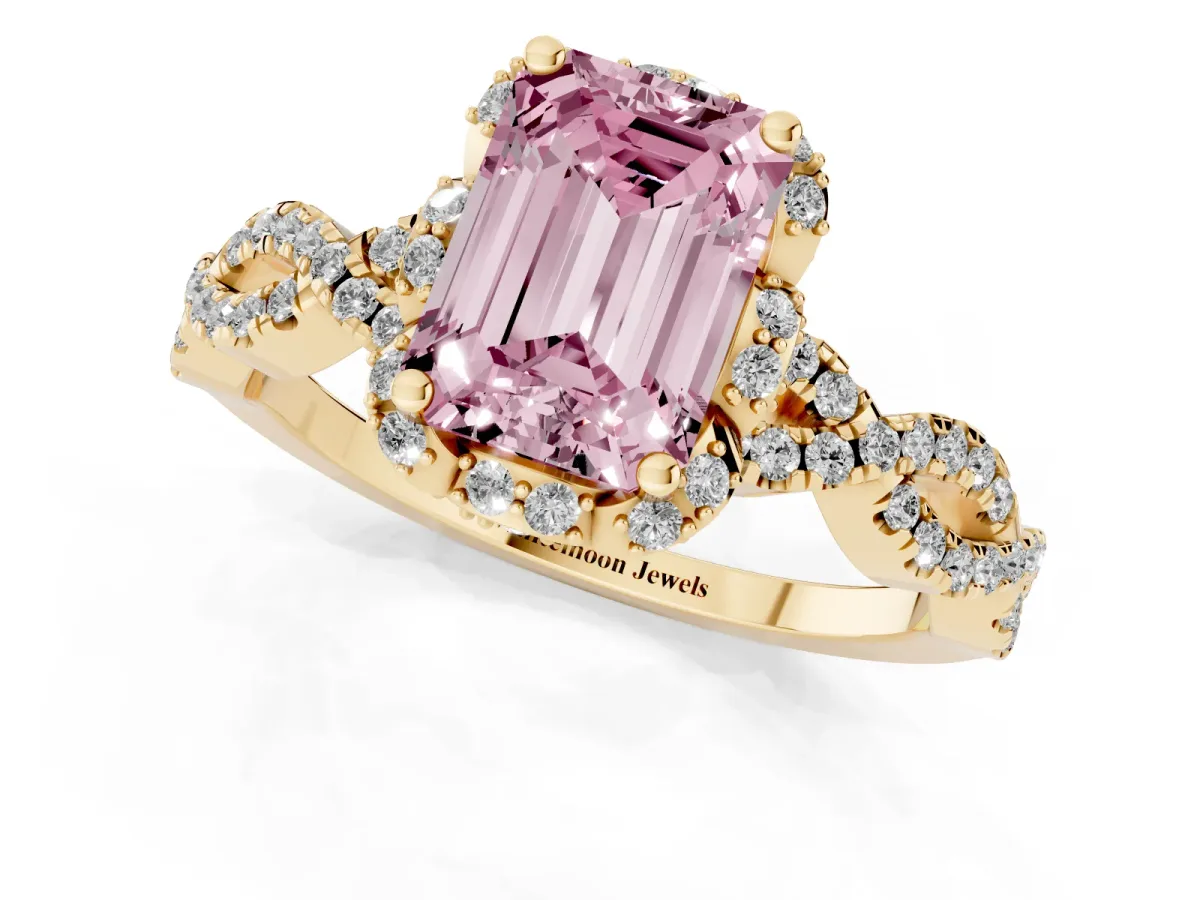 Fancy Pink Emerald Cut Halo Twist Band Solitaire Ring with Six-Prong Setting Yellow gold