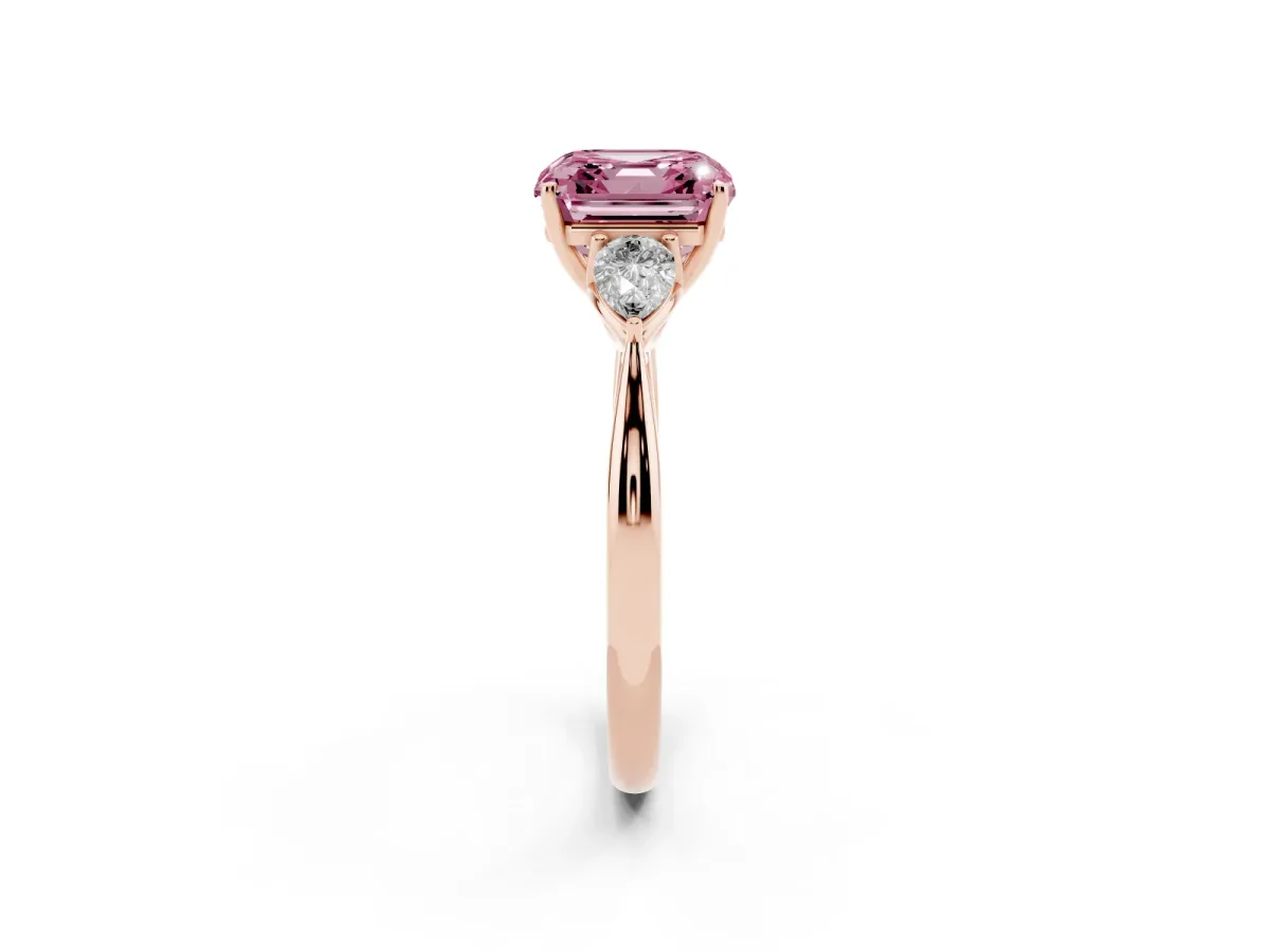 Fancy Pink Three-Stone Asscher Cut Brilliant Diamond Solitaire Ring with Tapered Band and Four-Prong Setting Rose gold