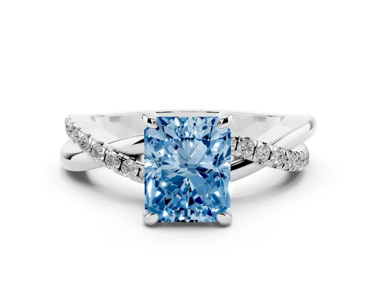Fancy Blue Radiant Cut Cut Diamond Twist Band Solitaire with Prong Setting Silver