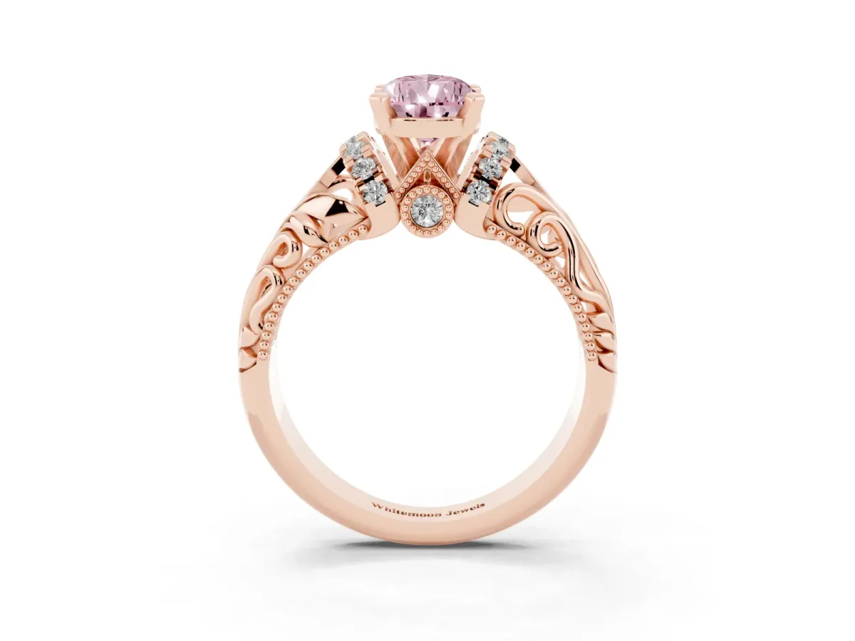 Fancy Pink Pear Cut Solitaire Filigree Engagement Ring with Halo and Prong Setting Rose gold