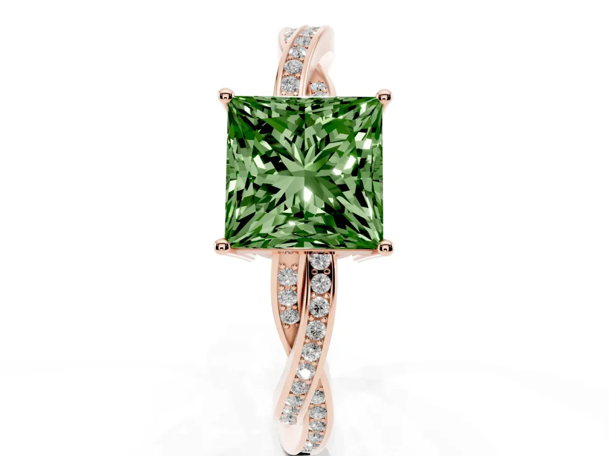 Fancy Green Princess Cut Solitaire Twisted Pave Diamond Ring with Four-Prong Setting Rose gold