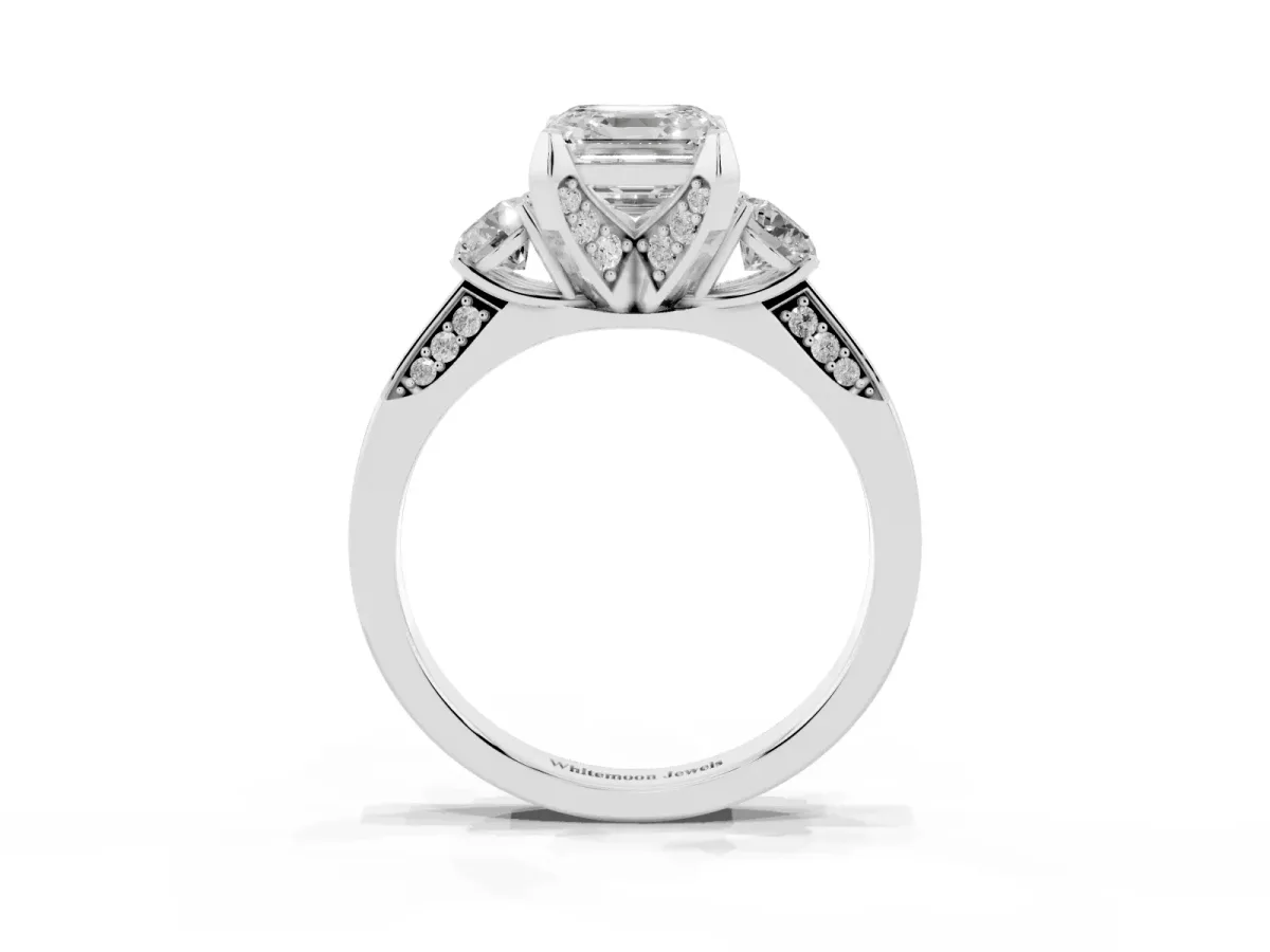 Asscher Cut Brilliant Three-Stone Diamond Ring with Pavé Band and Four-Prong Setting White gold