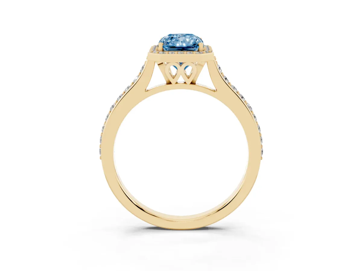 Fancy Blue Radiant Cut Diamond Halo Engagement Ring with Round Pavé Shoulders and Prong Setting Yellow gold
