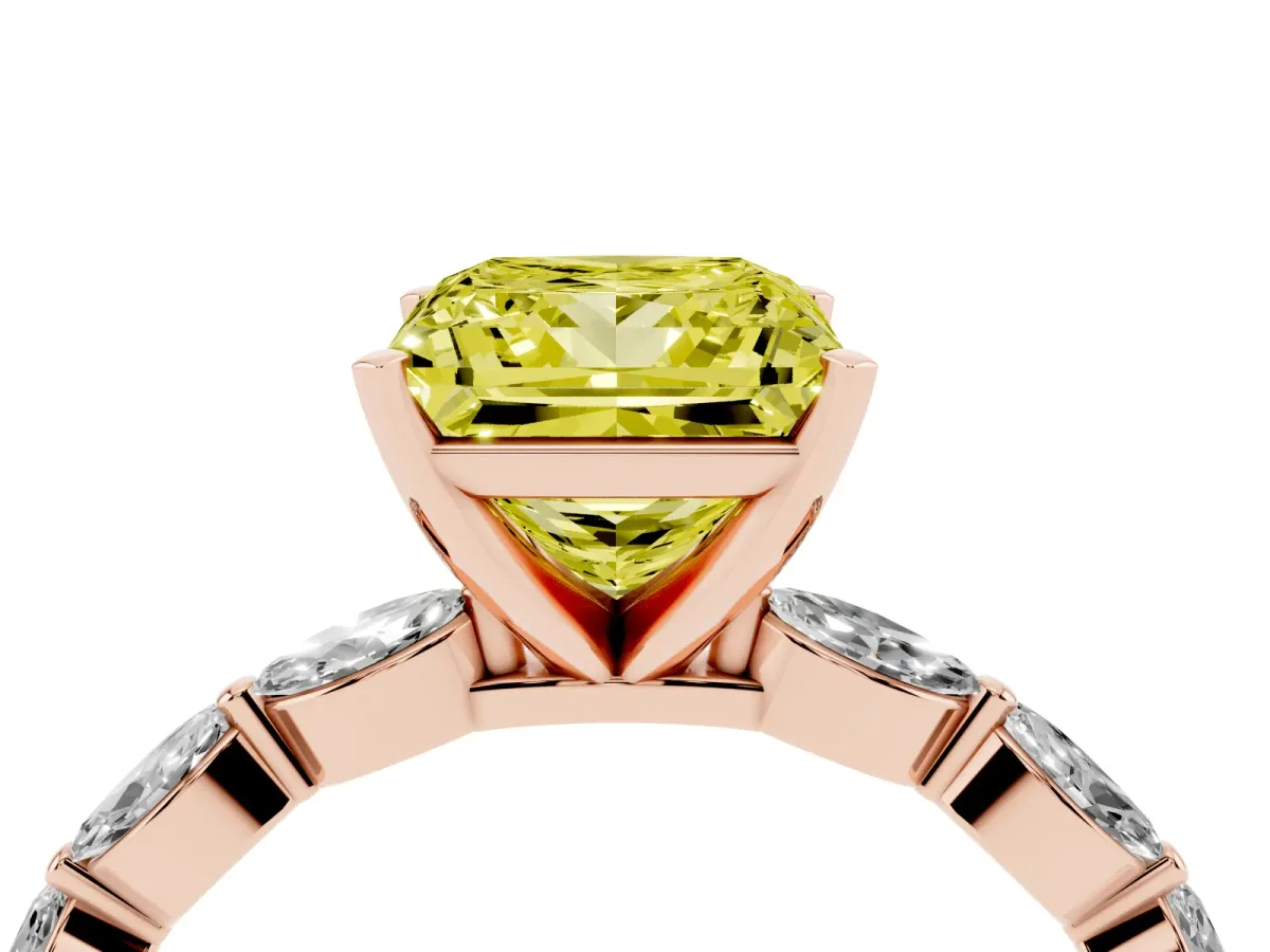 Fancy Yellow Princess Cut Diamond Ring with Marquise Side Stones and Prong Setting Rose gold