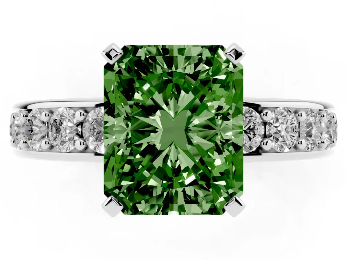 Fancy Green Radiant Cut Diamond Engagement Ring with Channel Set Round Band and Prong Setting Silver