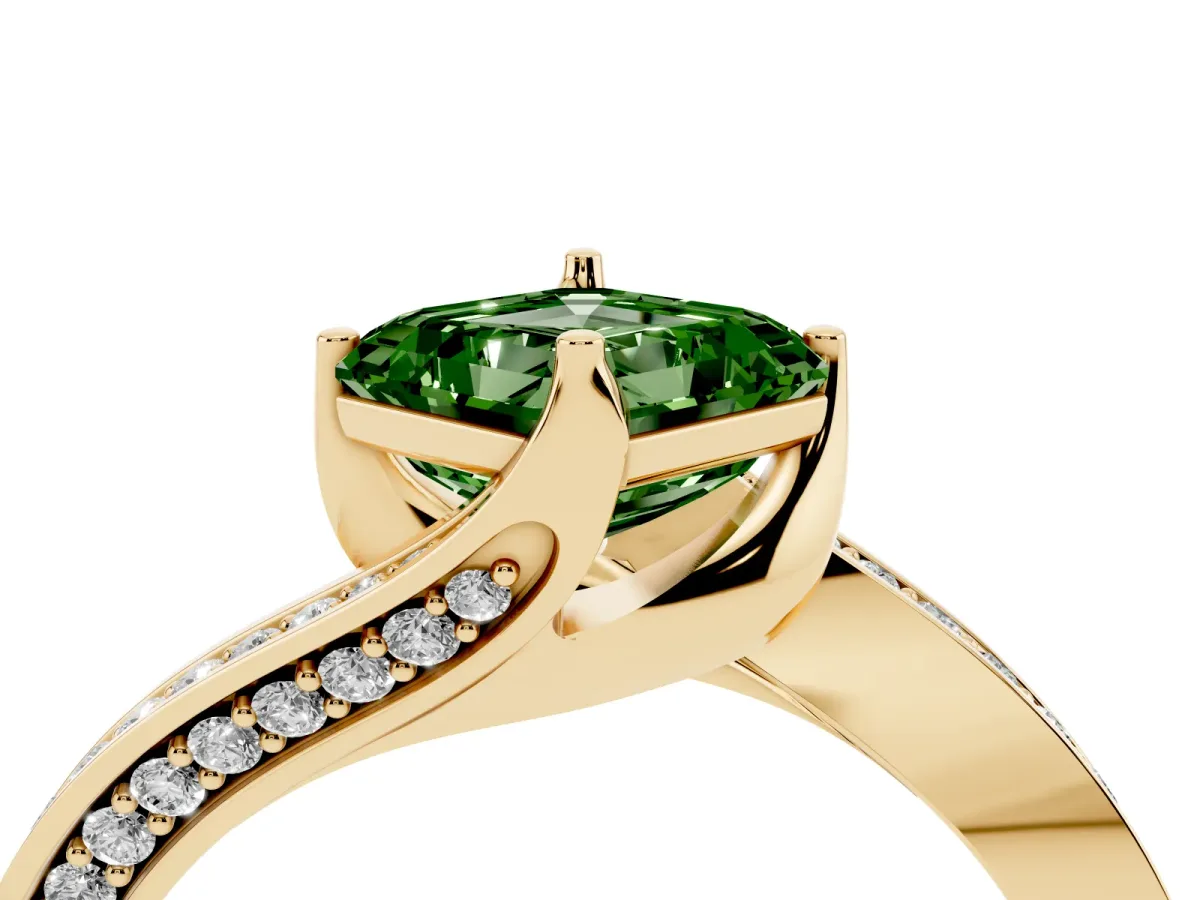 Fancy Green Asscher Cut Solitaire Diamond Twist Band with Pavé Setting and Four-Prong Setting Yellow gold