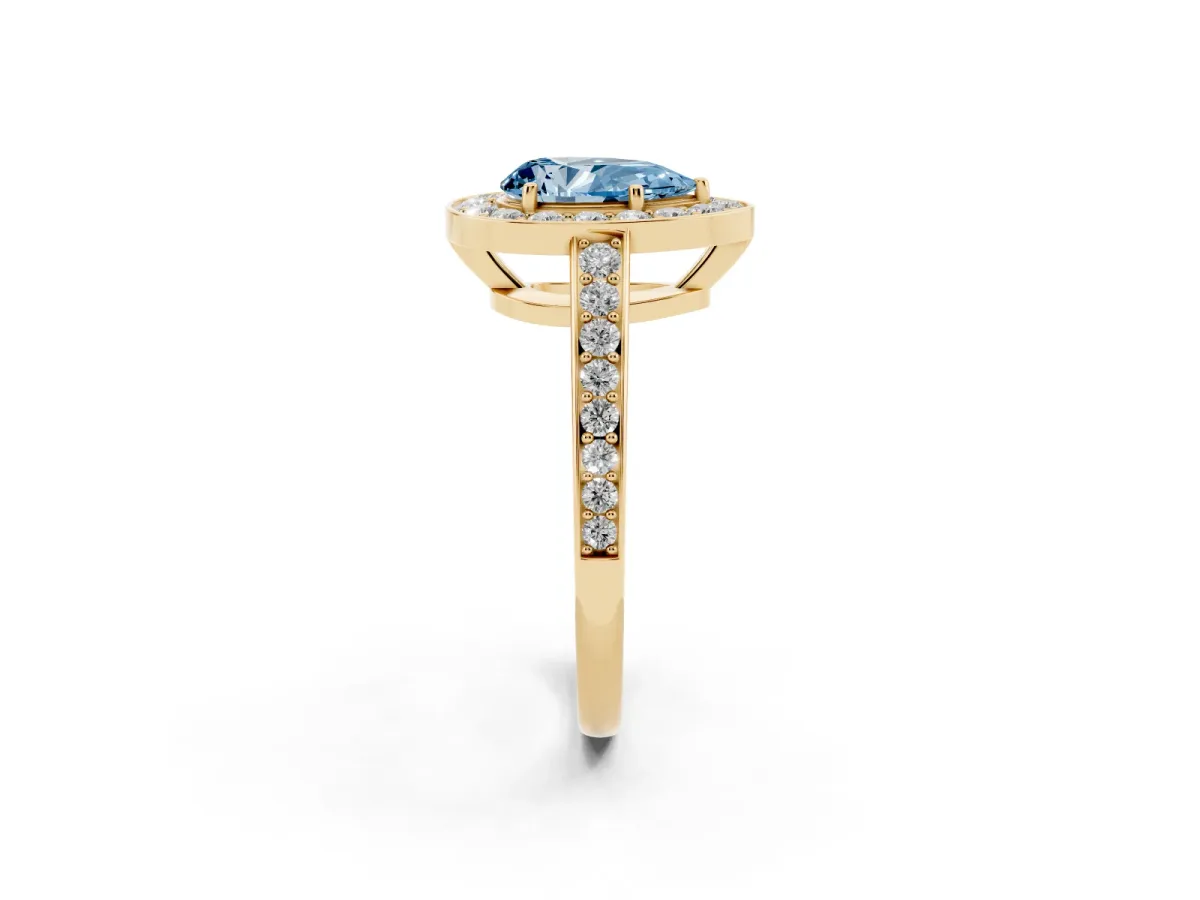 Fancy Blue Pear Cut Halo Pavé Diamond Engagement Ring with Bezel Setting Yellow gold