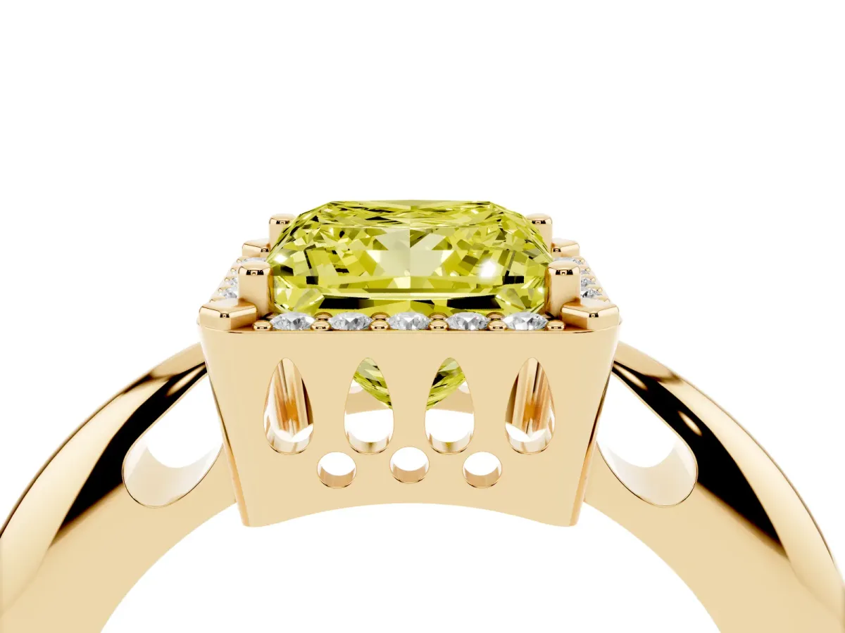 Fancy Yellow Princess Cut Cut Diamond Halo Engagement Ring with Split Shank and Four-Prong Setting Yellow gold
