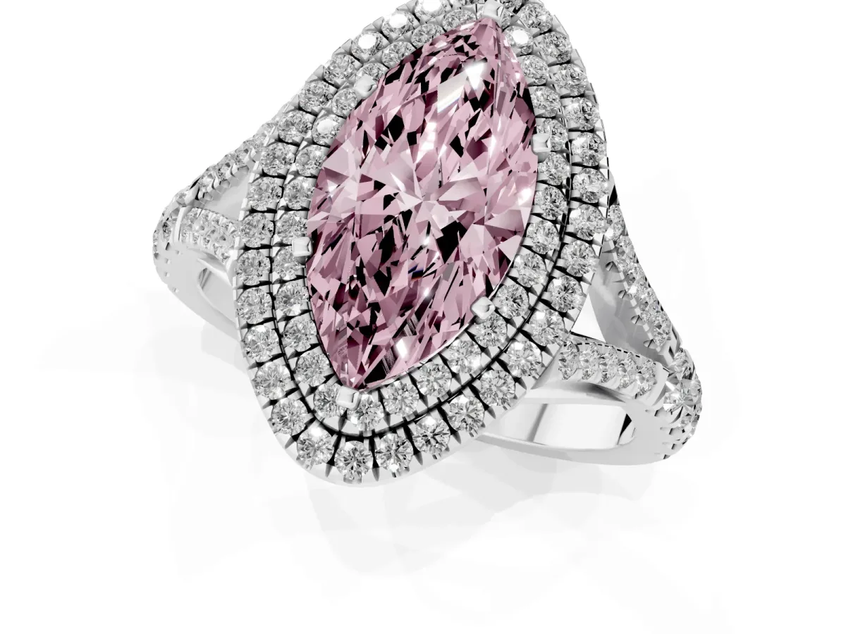 Fancy Pink Marquise Cut Cut Double Halo Split Shank Diamond Ring with Prong Setting Silver