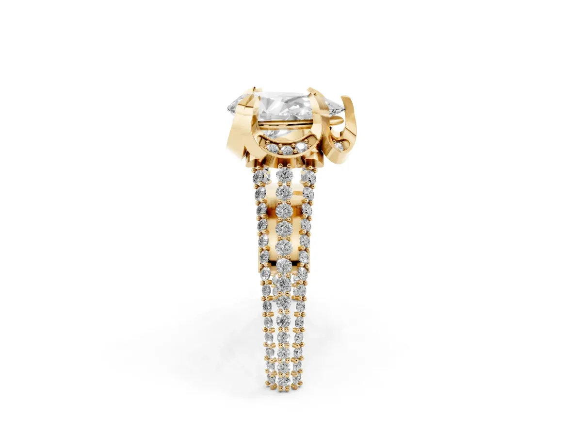 Pear Cut Solitaire Pave Split Shank Ring with Four-Prong Setting Yellow gold