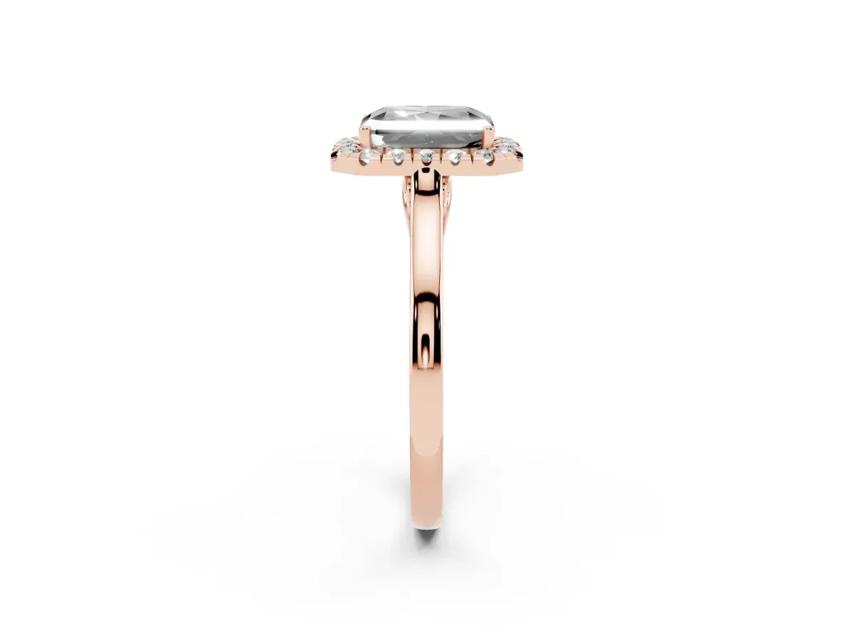 Fancy Black Radiant Cut Halo Round Diamond Solitaire Ring with Pavé Band and Four-Prong Setting Rose gold
