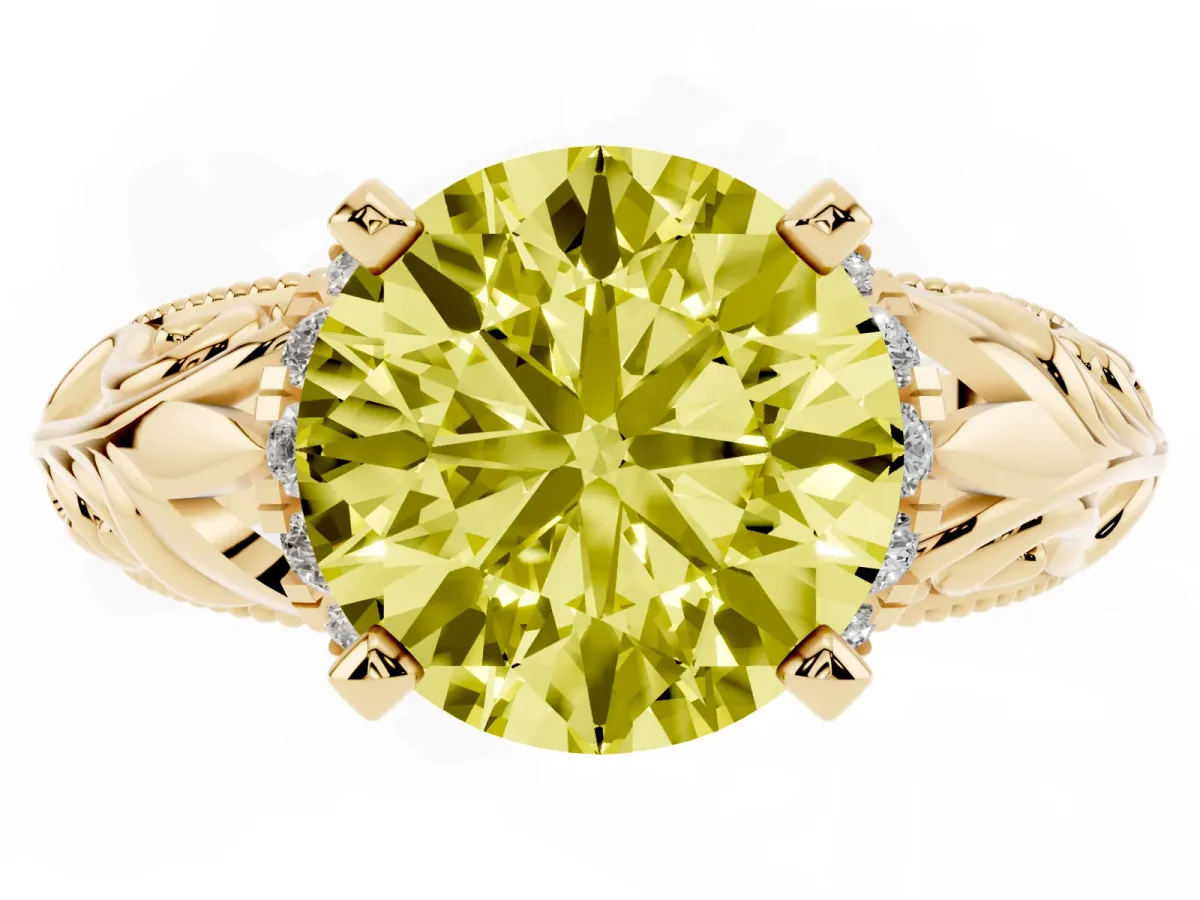 Fancy Yellow Round Cut Solitaire Filigree Engagement Ring with Halo and Prong Setting Yellow gold