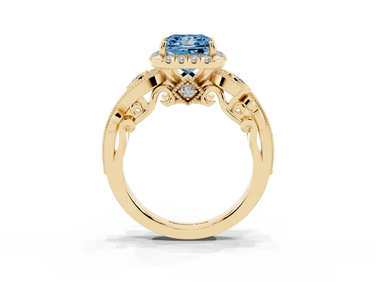 Fancy Blue Princess Cut Diamond Halo Ring with Milgrain Pavé Band and Four-Prong Setting Yellow gold