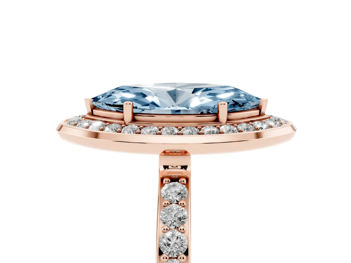 Fancy Blue Marquise Cut Diamond Halo Ring with Bezel Frame and Pavé Band Rose gold